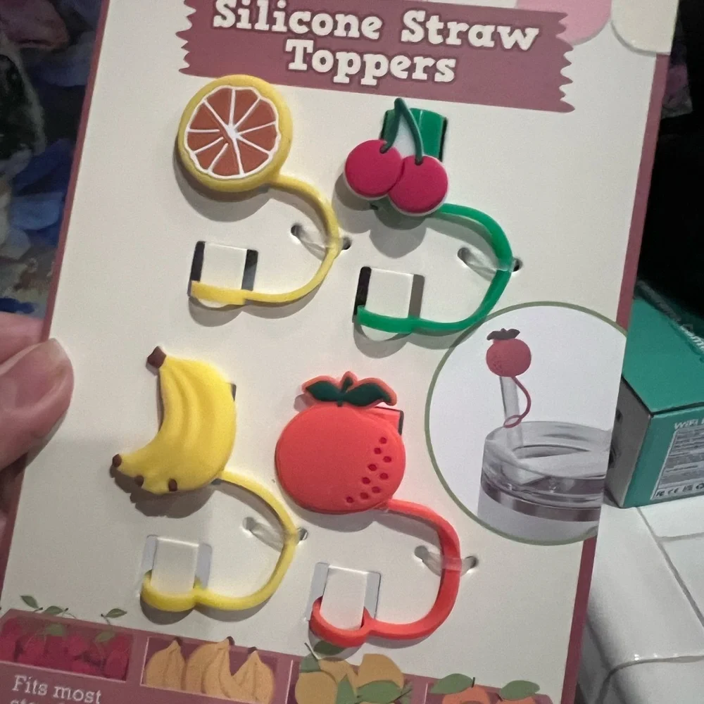 STRAW TOPPERS Fruit Designed Silicone Set of 8 Toppers NWT